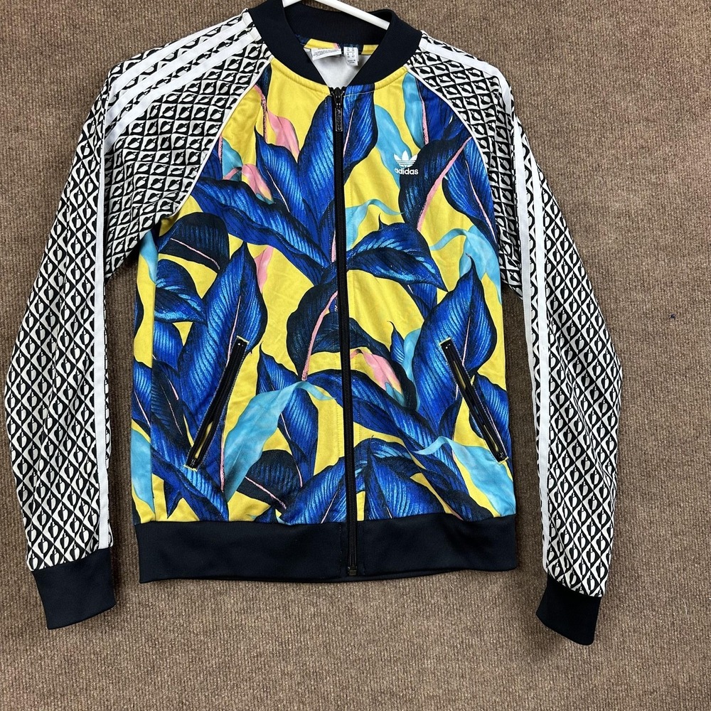 Adidas Jacket Womens Small Leaf Print DH3066 Track Floral Zip Trefoil - Picture 2 of 11